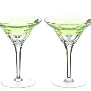RARE - TWO Waterford Simply Lime Green Cased Cut Crystal Martini Glasses-